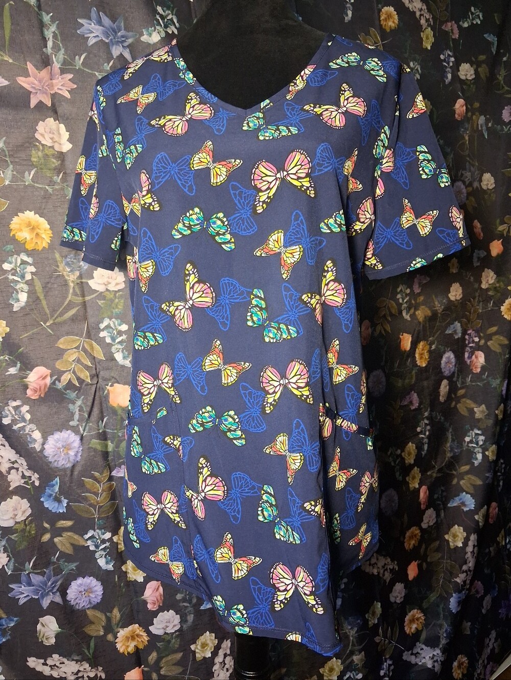 Women’s Navy Butterfly Print V-Neck Scrub Top